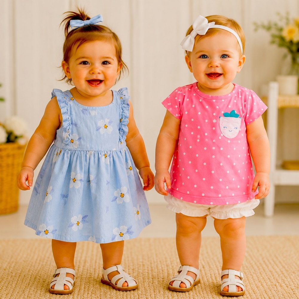 Baby Girl 12M Outfit Lot Carter’s Floral Dress Pink Polka Dot Shirt 2 Pieces